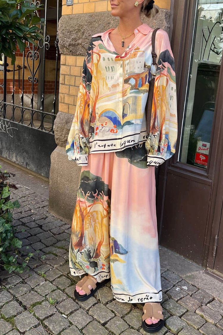 Ellison Unique Print Elastic Waist Pocketed Wide Leg Pants