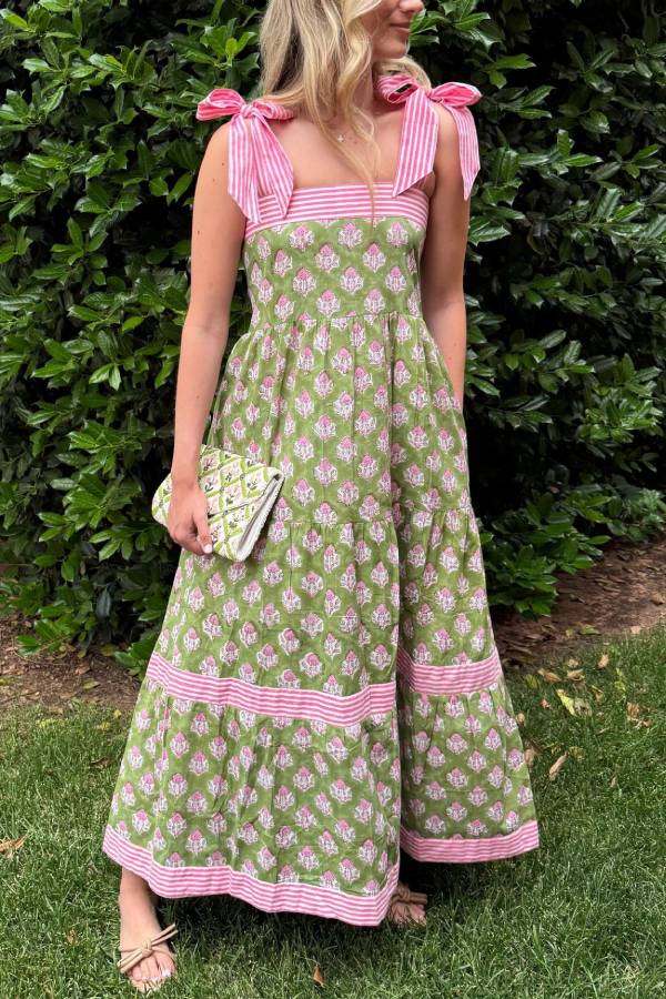 Striped Bow-Strap Printed Tiered Maxi Dress