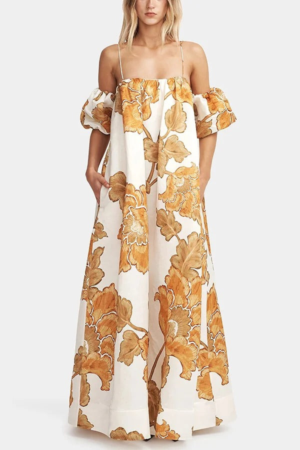 Maxikleid mit Blumendruck, Hosenträgern, Puffärmeln, lockeren Taschen und Urlaubs-Maxikleid 