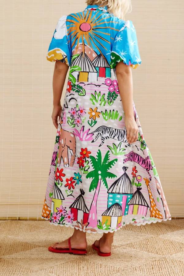 Whimsical African Safari Print Puff-Sleeve Shirt Dress