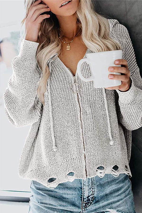 Hooded Zipper Irregular Loose Sweater Ivory
