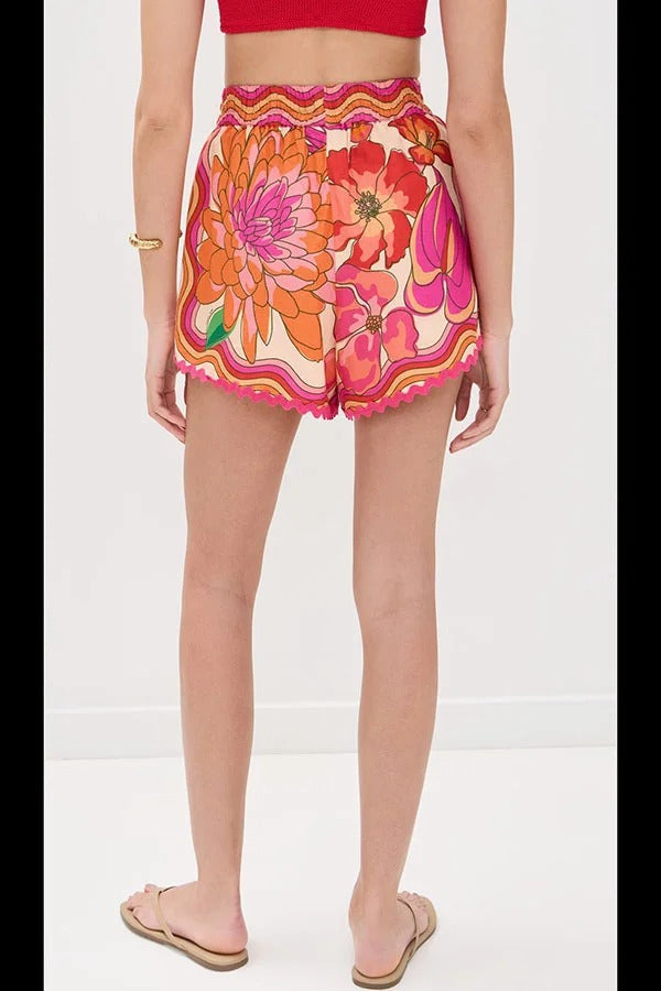 Neima Unique Print Wave Trim Button Up Short Sleeve Shirt and Elastic Waist Pocket Loose Shorts Set