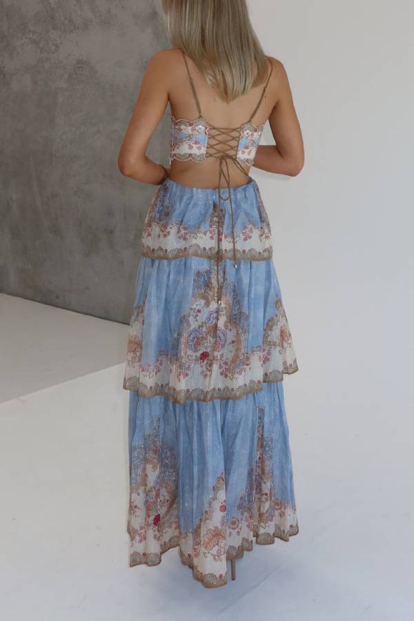 Vintage Paisley Print Lace-Up Backless Tiered Maxi Dress