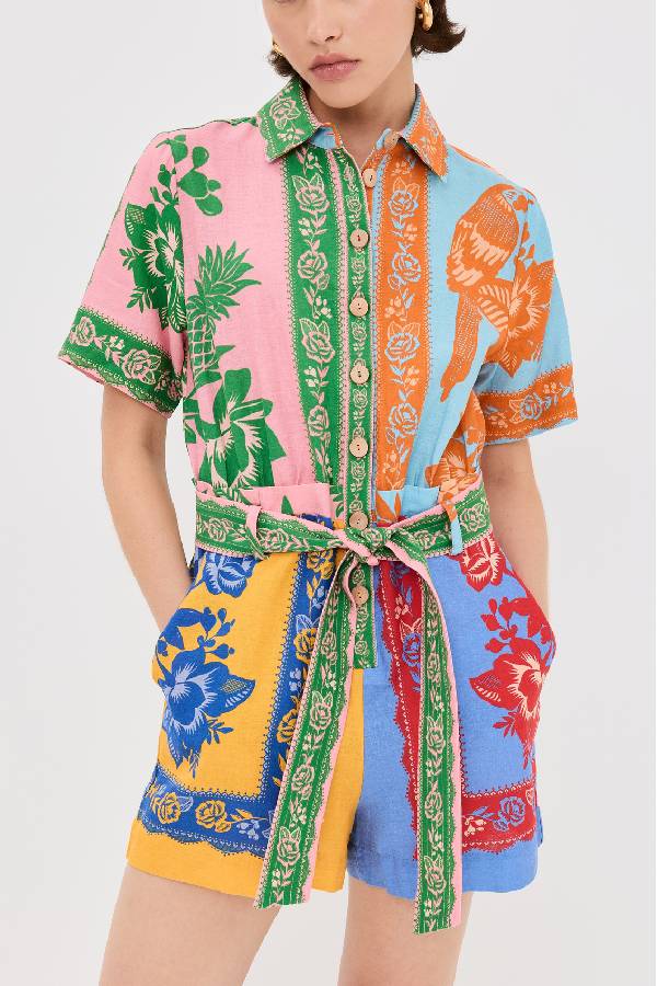 Lace Garden Mixed Scarf Print Tie Belt Linen Blend Romper LACE GARDEN MIX