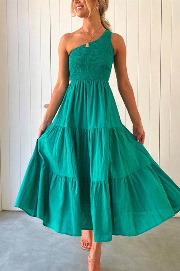 One Shoulder Sleeveless Smocked Ruffle Tiered Maxi Dress Green