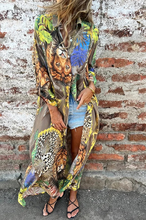 Jungle Miracle Animal Unique Print Button Long Sleeve Midi Relaxed Blouse Taupe