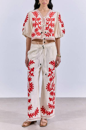 Till Sunset Linen Blend Unique Print Lace-up Puff Sleeve Shirt