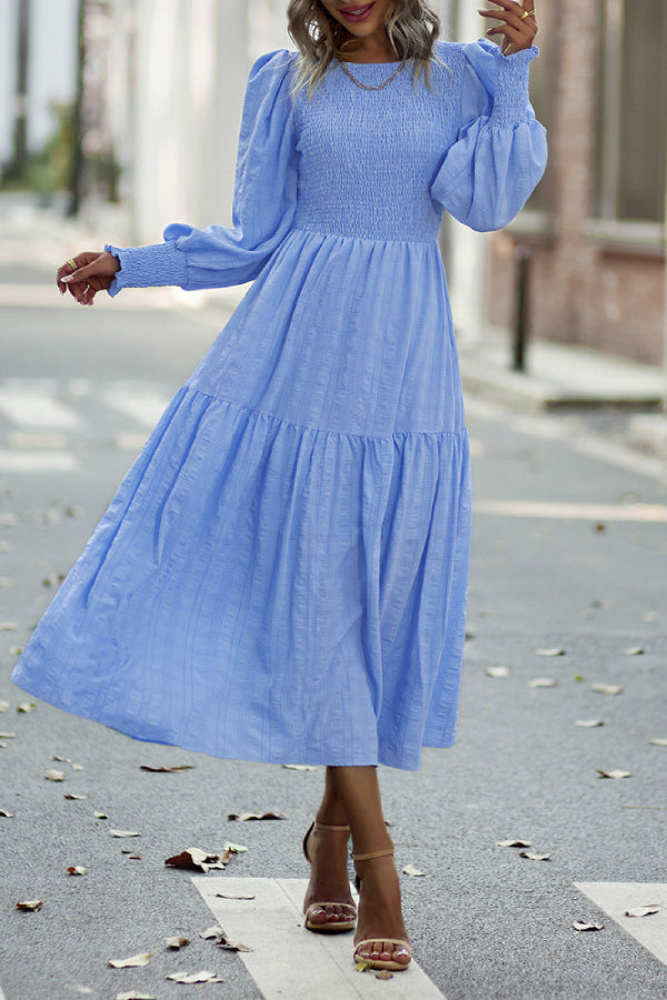 Solid Lantern Sleeve Ruffle Hem Shirred Dress Sapphire Blue
