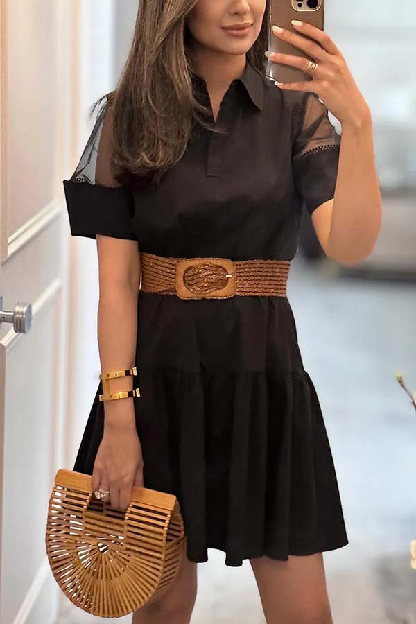 LAPEL COLLAR SMOCKED DRESS Black
