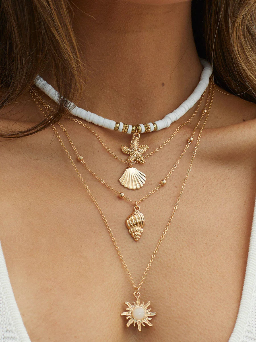 South Pacific Shell Starfish Multi-Layer Necklace Gold White one size
