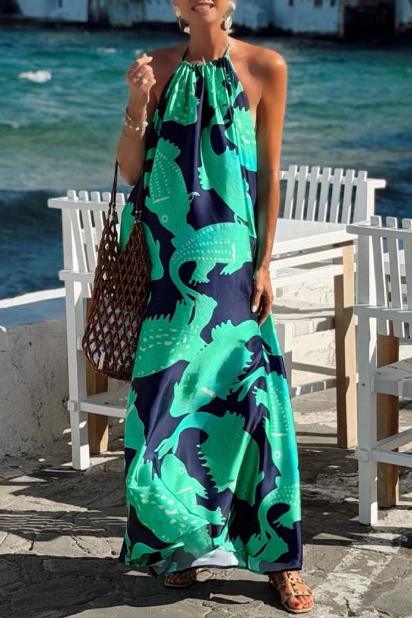 Navy Green Crocodile Print Halter Open Back Vacation Maxi Dress