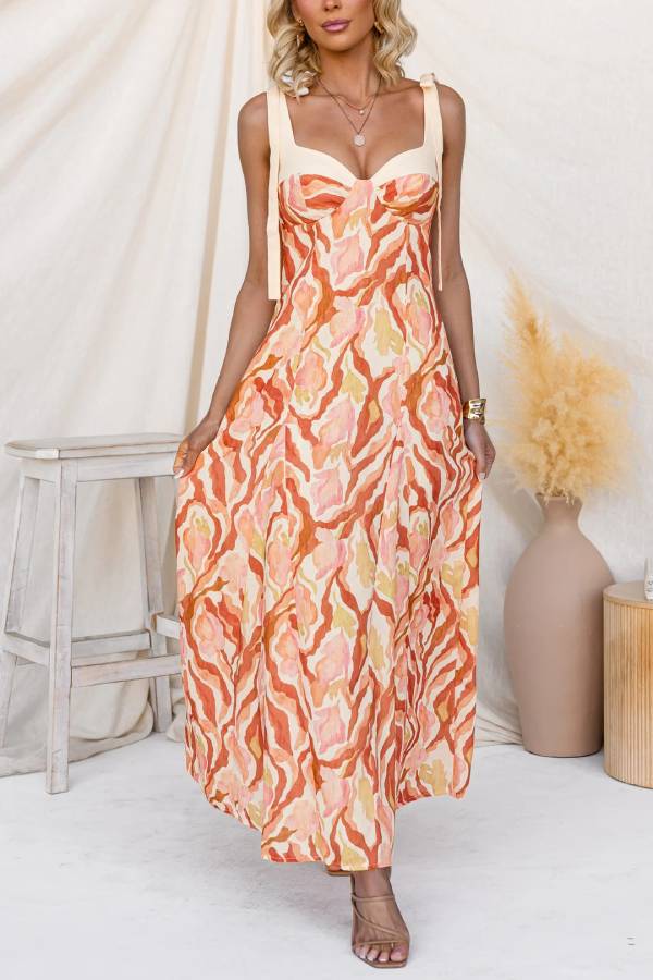 Bow Tie‑Strap Printed Maxi Dress ****