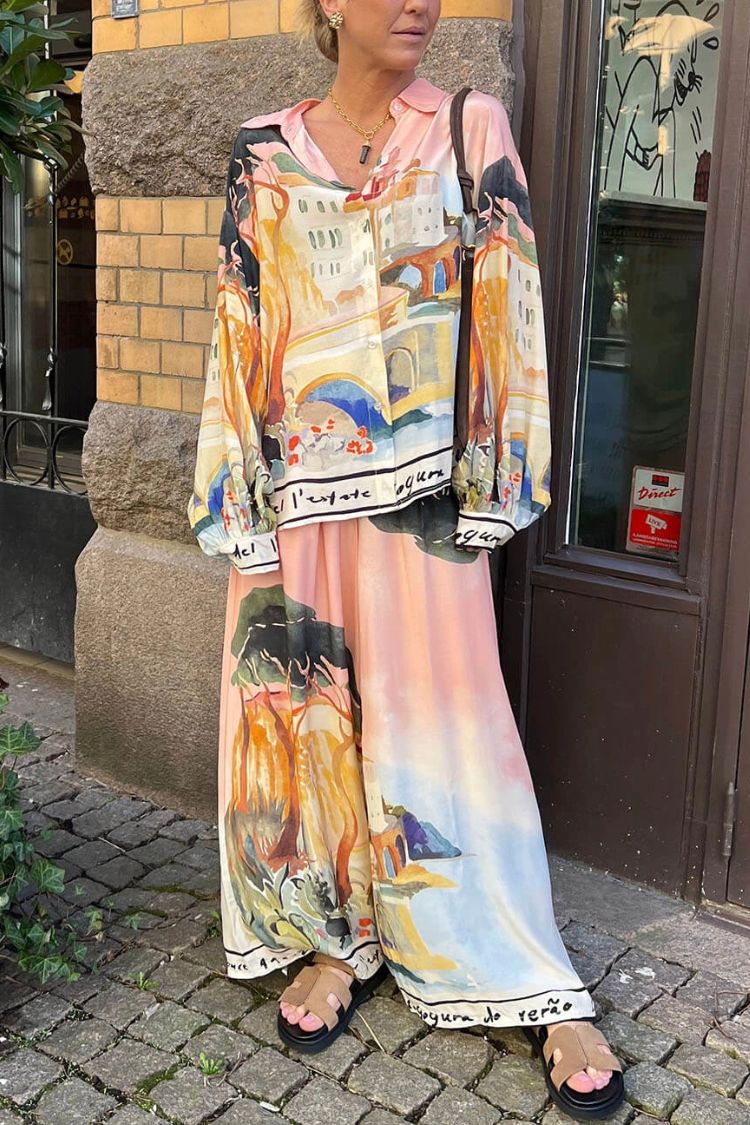 Ellison Unique Print Button Up Long Balloon Sleeve Loose Blouse