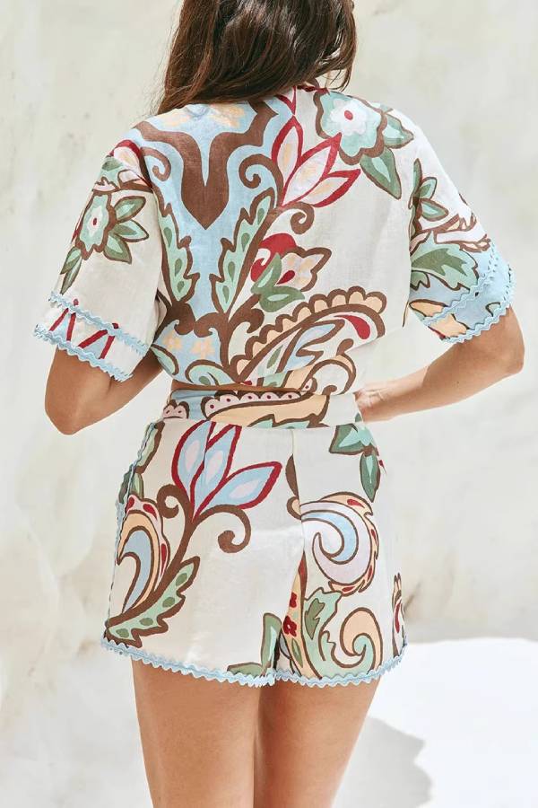 Paisley Floral Print Scallop Trim Short-Sleeve Shirt & Shorts Two-Piece Set