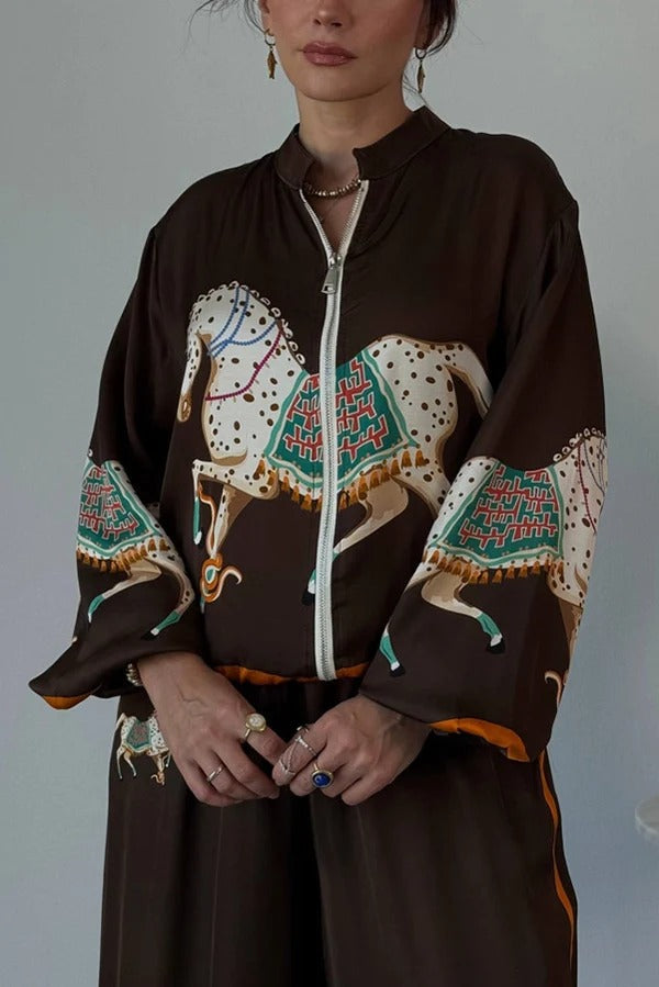 Artistic Satin Colorblock Horse Print Stand Nack Long Sleeve Pocket Zipper Jacket
