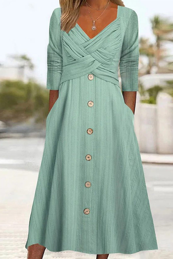 Solid Color Long Sleeve V Neck Cross Button Casual Dress Green