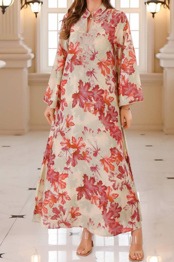 Maple Leaf Print Maxi Dress Robe