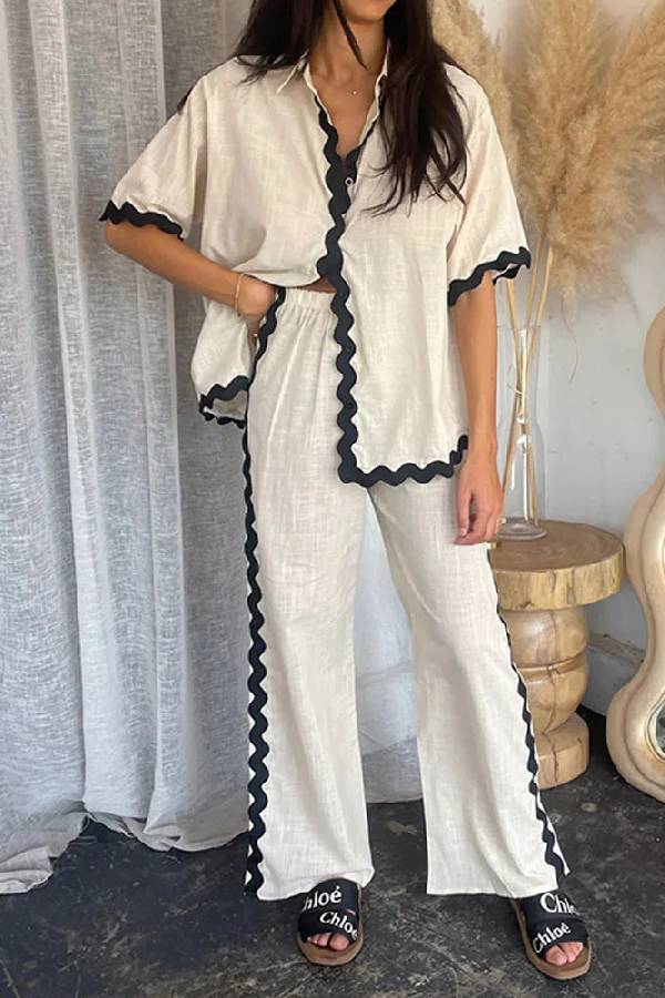 Casual Solid Color Shirt and Pants Suit Ivory