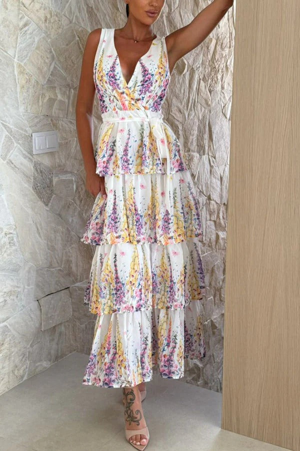 Sunny Views Lavender Print V-neck Tie-up Tiered Maxi Dress