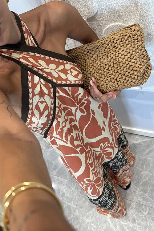 Maxi-Urlaubskleid mit überkreuztem Neckholder und offenem Rücken und Print