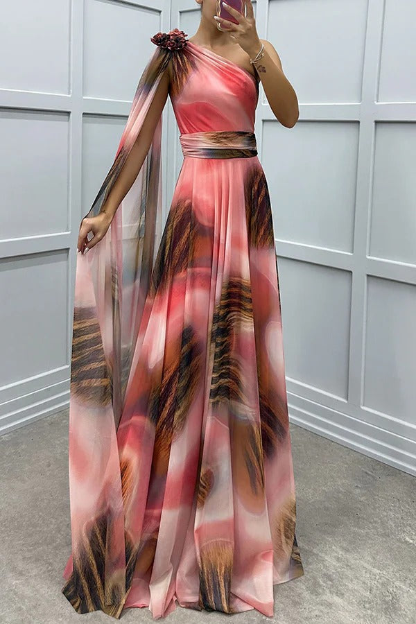 Lucia Unique Print Floral Detail One Shoulder Draped Sleeve Gown Maxi Dress Pink