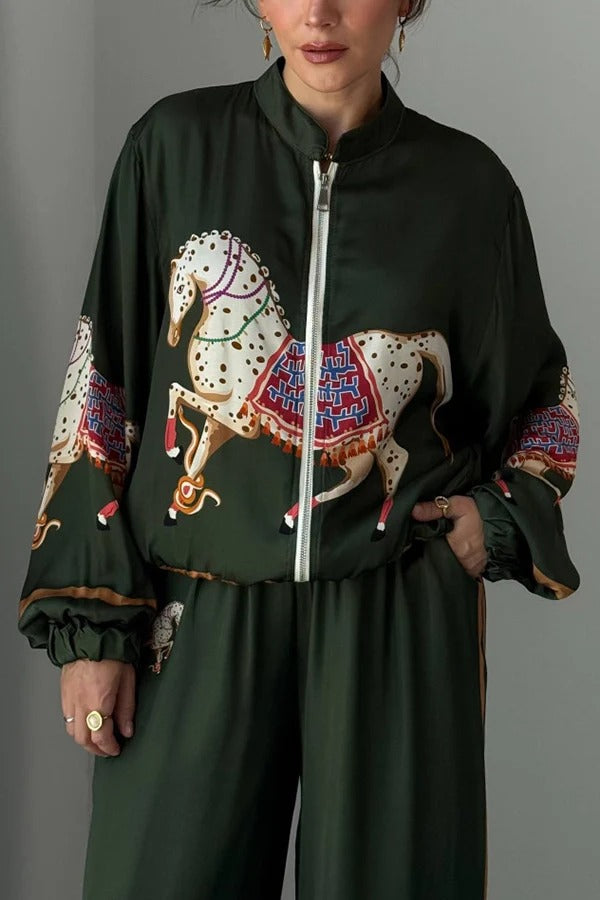 Artistic Satin Colorblock Horse Print Stand Nack Long Sleeve Pocket Zipper Jacket