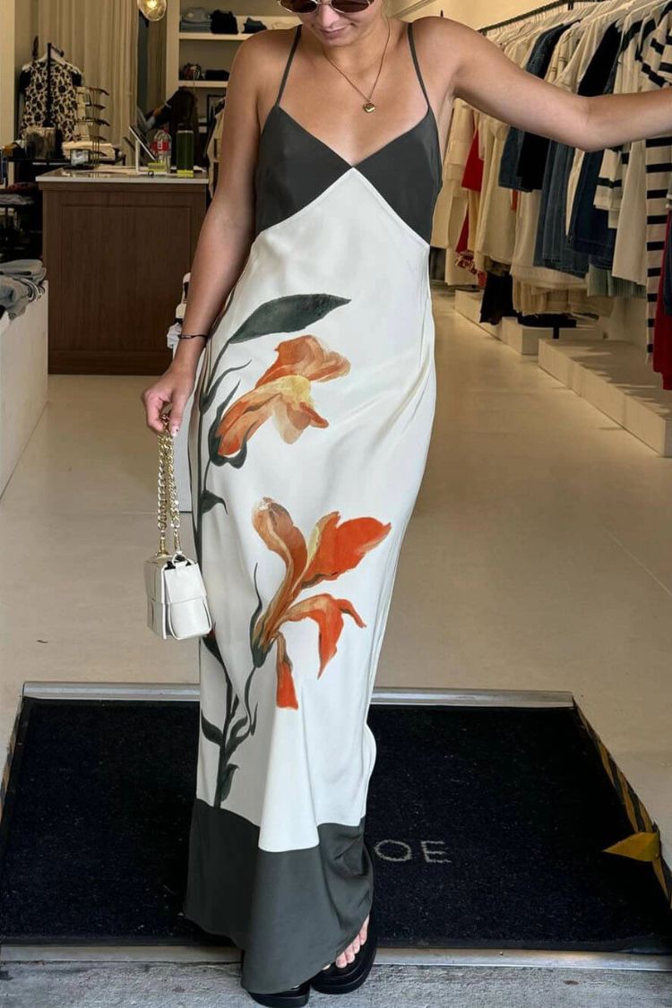 Unique Iris Print V-Neck Suspender Maxi Dress Beige