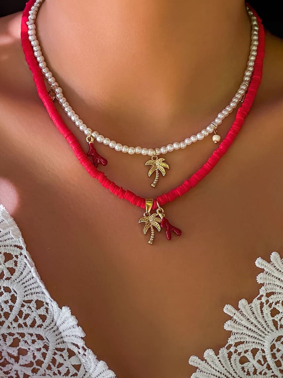Tahiti Sunset Pearl Beach Necklace Gold Red one size