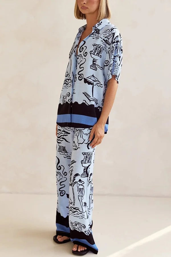 Fashionable Plant Print Loose Lapel Short Sleeve Shirt and Casual Elastic Waist Pocket Pants Set
