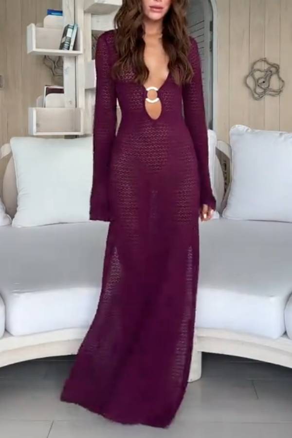 Deep V Metal Ring Cutout Long Sleeve Side Slit Knit Maxi Dress