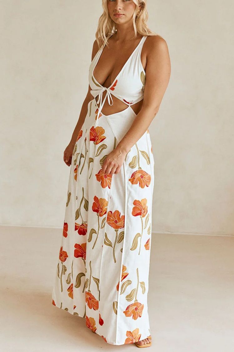 Eliska Linen Blend Poppy Print Cutout Contrast Trim A-line Maxi Dress