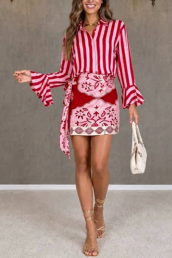 Striped Shirt & Printed Wrap Skirt Two‑Piece Set