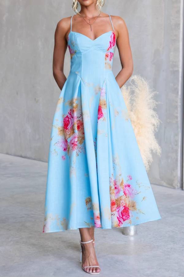French Floral V-Neck Spaghetti Strap Fit-and-Flare Midi Dress
