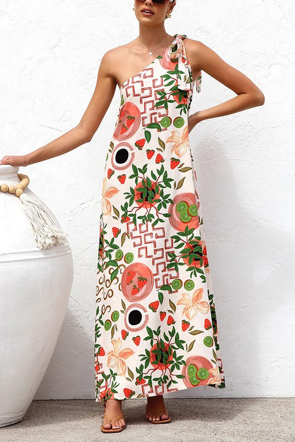 Botanical Print Elegant Strappy One-shoulder Resort Maxi Dress Multicolor