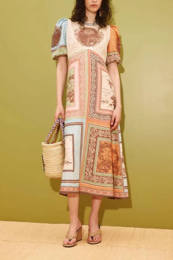 Patchwork Tropical Print Puff Sleeve Maxi Dress