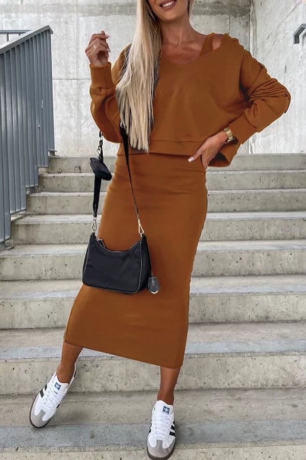 Around The World Hooded Sweatshirt and Slip Maxi Skirt Two Piece Set Khaki