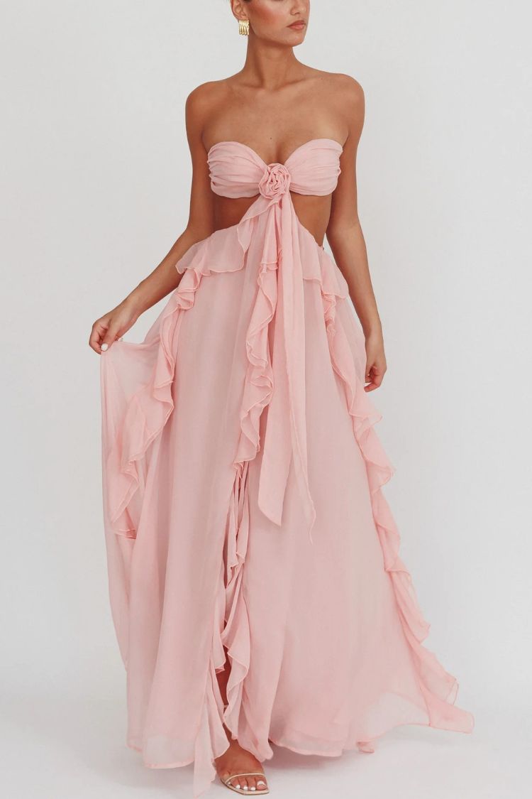 Gorgeous Vacation Halter Rose Detail Cut Out Ruffles Backless Maxi Dress Pink