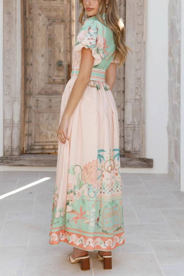 Flamingo Print Puff Sleeve Waist-Cinched Shirt Maxi Dress