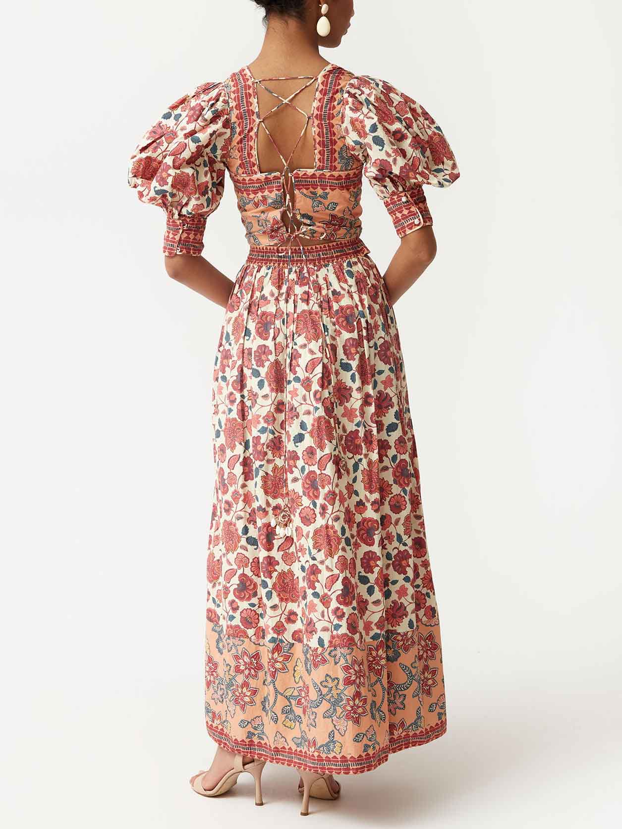 Retro Ethnic Floral Print Puff Sleeve Short Shirt
