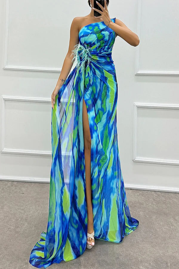 Amazing Views Watercolor Print Feather Rose Detail Off Shoulder Pleated Slit Maxi Dress Blue