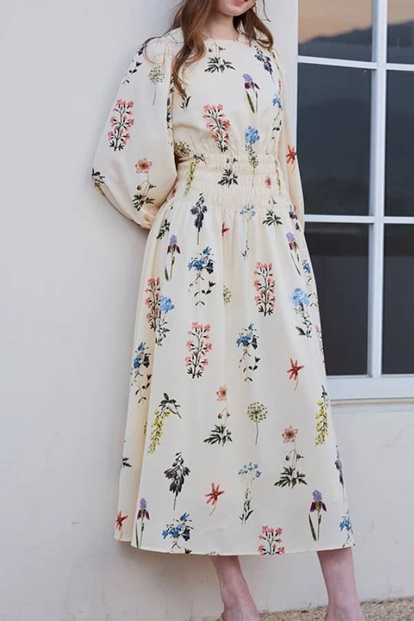French Round Neck Puff Sleeve Floral Smocked Waist Midi Dress