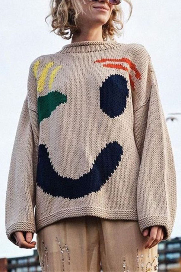 FEEL GOOD KNIT COLORFUL SMILEY FACE LOOSE PULLOVER SWEATER Beige