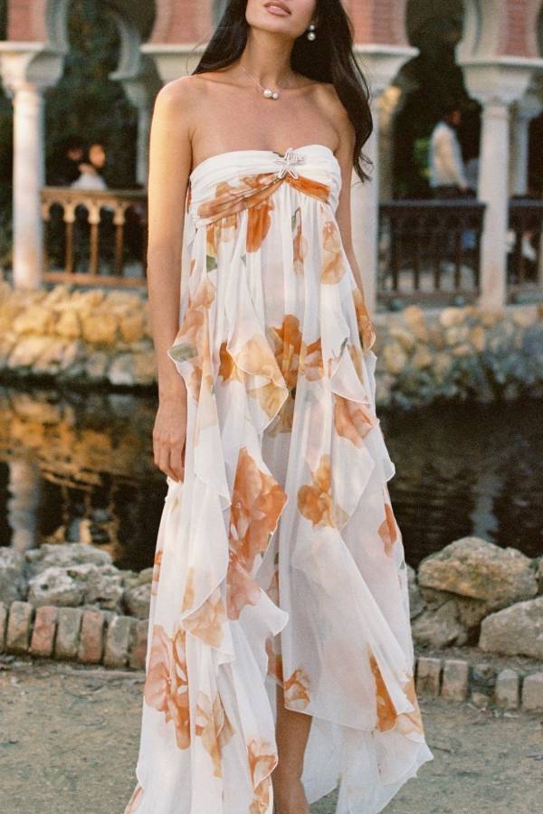 Mariah Floral Print Starfish Brooch Inverted Halter Neck Slit Ruffles Maxi Dress
