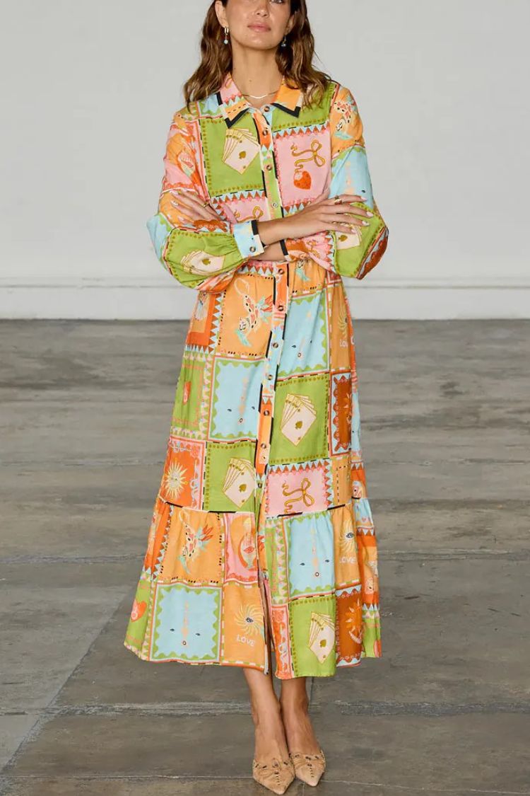 Linen Blend Unique Printed Long Sleeve Lapel Tie-waist Midi Dress