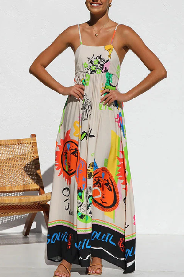 Tie Back Cut Out Graffiti Print Flowy Maxi Cami Dress White