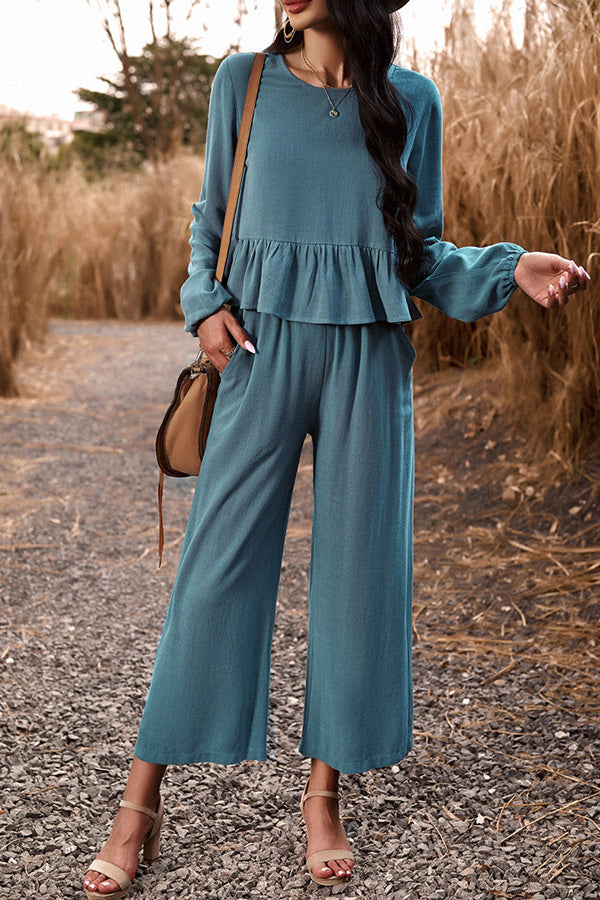 Temperament casual suit solid color long-sleeved top loose trousers