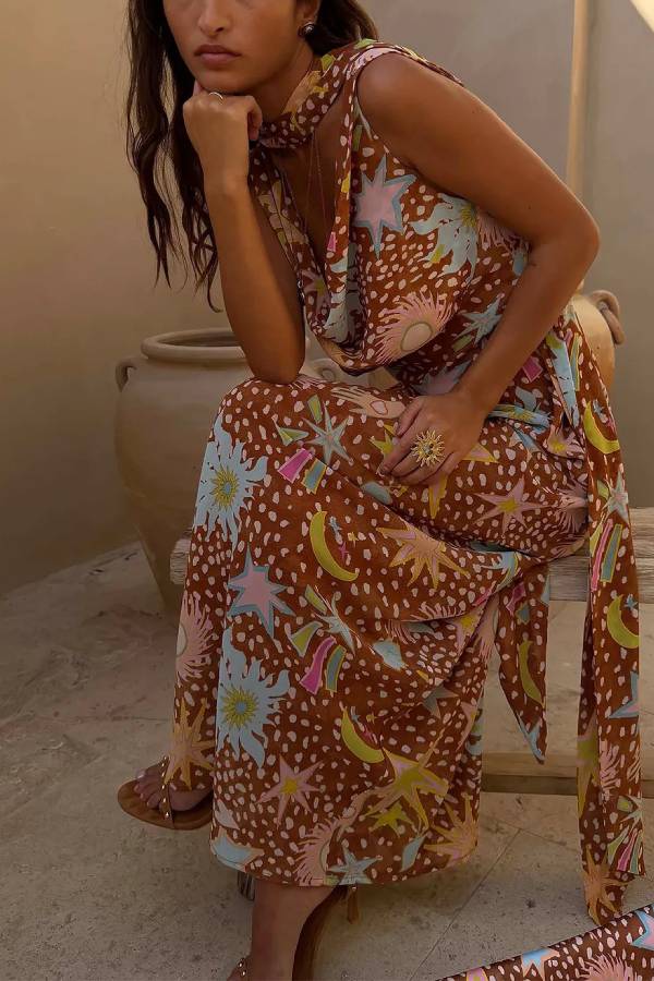 Vintage Print Cowl Neck Sleeveless Maxi Dress