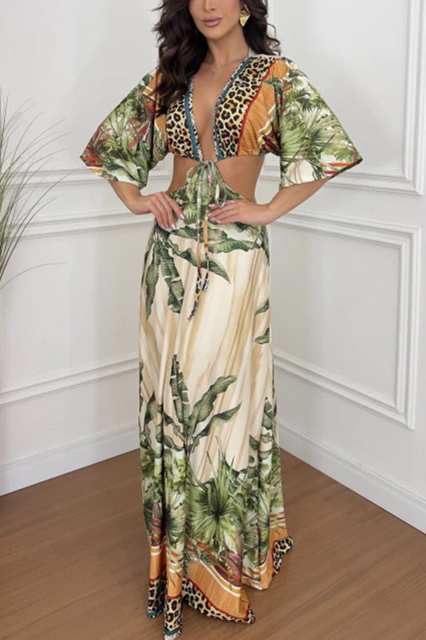 Arlena Leopard Botanical Print Tie-up Cutout Vacatuon Maxi Dress Green