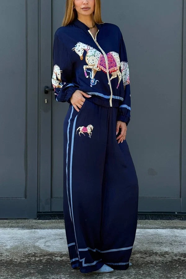 Artistic Satin Colorblock Horse Print Elastic Waist Pocket Wide Leg Pants