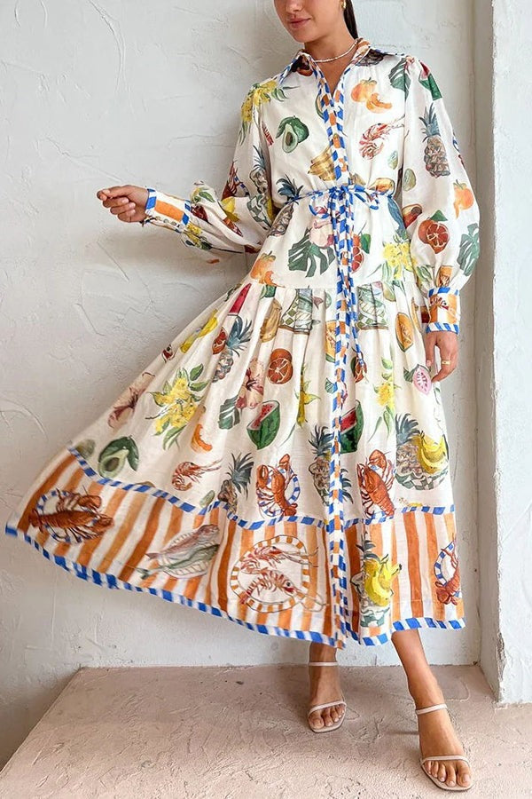 Tropical Fruit Print Balloon Sleeve Patchwork Shirt Midi Dress Multicolor